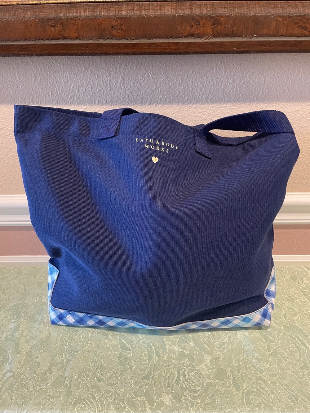 Bath & Body Works Navy Blue Canvas Tote with Gingham Trim